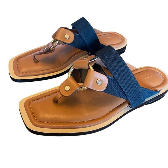 Lafayette 148 Sz 38/8 Brown Navy Blue Sabine Leather Canvas Classic Sandals - Picture 2 of 8